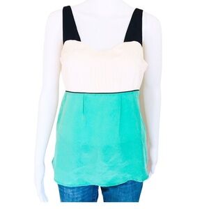 OASIS Jade Green Ivory Colorblock Tie Waist Tank Top Size 6 Retro Workwear